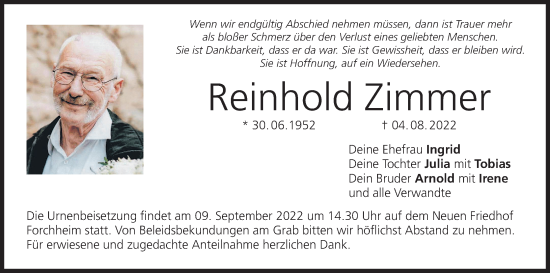 Anzeige von Reinhold Zimmer von MGO