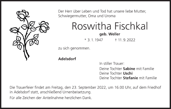 Anzeige von Roswitha Fischkal von MGO