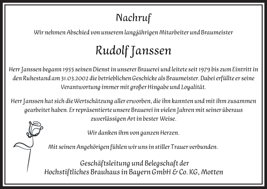 Anzeige von Rudolf Janssen von MGO