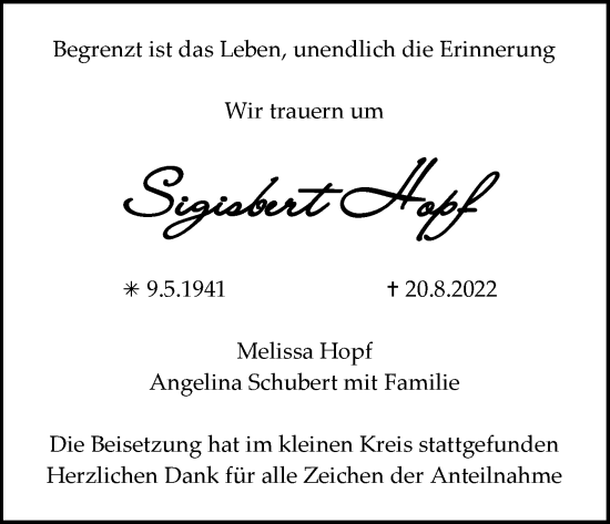 Anzeige von Sigisbert Hopf von MGO
