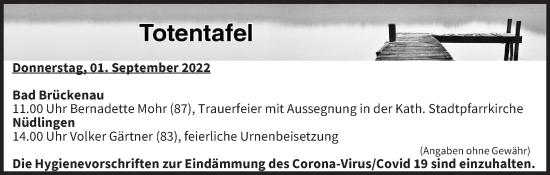 Anzeige von Totentafel vom 01.09.2022 von MGO