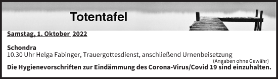 Anzeige von Totentafel vom 01.10.2022 von MGO