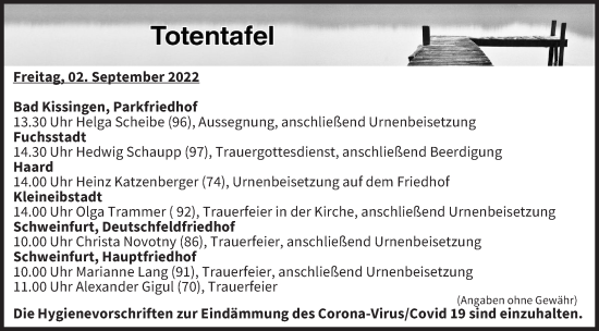 Anzeige von Totentafel vom 02.09.2022 von MGO