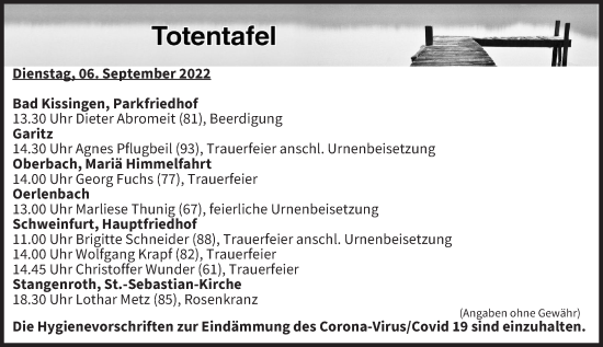 Anzeige von Totentafel vom 06.09.2022 von MGO
