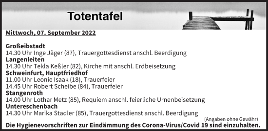 Anzeige von Totentafel vom 07.09.2022 von MGO