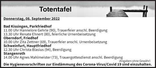Anzeige von Totentafel vom 08.09.2022 von MGO