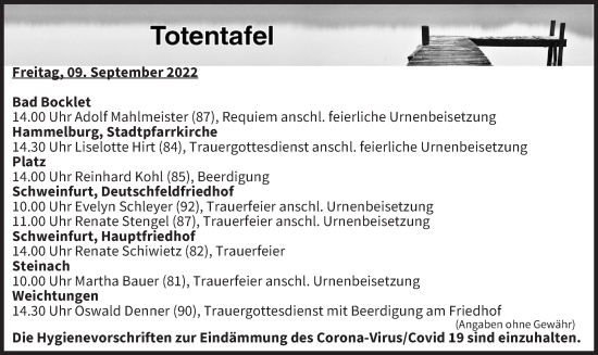 Anzeige von Totentafel vom 09.09.2022 von MGO