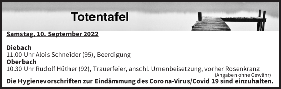 Anzeige von Totentafel vom 10.09.2022 von MGO