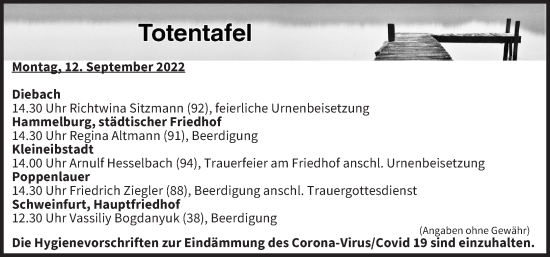 Anzeige von Totentafel vom 12.09.2022 von MGO