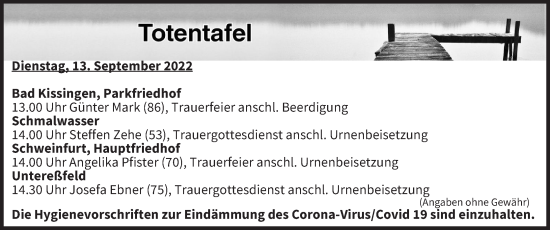 Anzeige von Totentafel vom 13.09.2022 von MGO