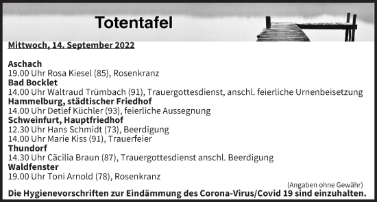 Anzeige von Totentafel vom 14.09.2022 von MGO