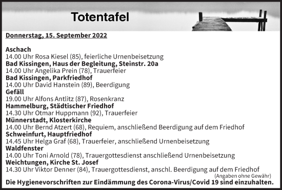 Anzeige von Totentafel vom 15.09.2022 von MGO