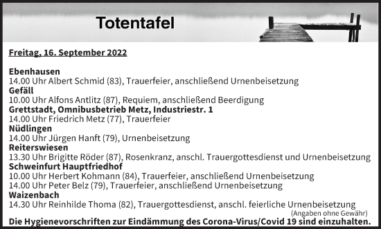 Anzeige von Totentafel vom 16.09.2022 von MGO