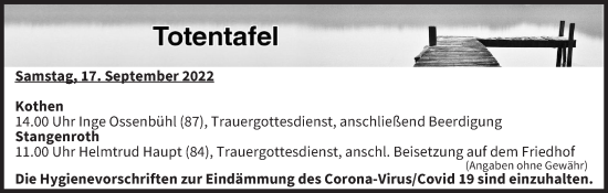 Anzeige von Totentafel vom 17.09.2022 von MGO