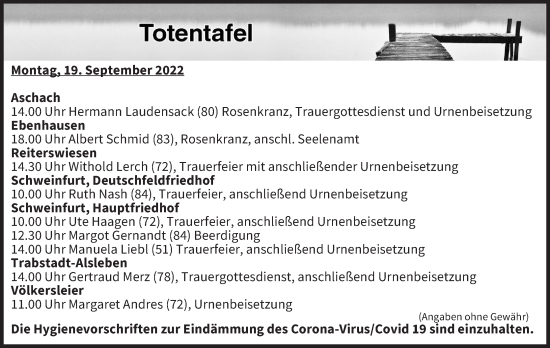 Anzeige von Totentafel vom 19.09.2022 von MGO
