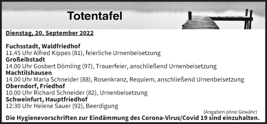 Anzeige von Totentafel vom 20.09.2022 von MGO