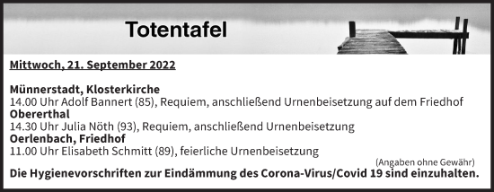 Anzeige von Totentafel vom 21.09.2022 von MGO