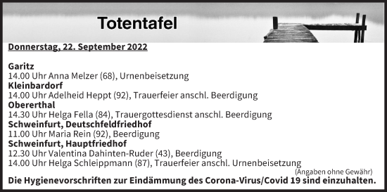 Anzeige von Totentafel vom 22.09.2022 von MGO