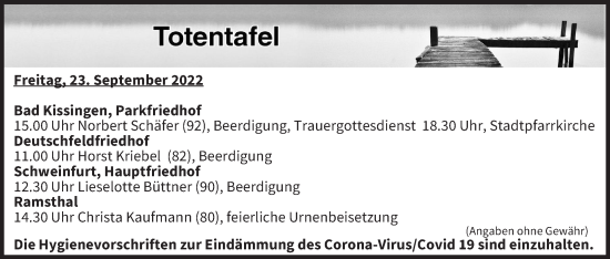 Anzeige von Totentafel vom 23.09.2022 von MGO