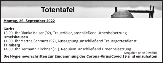 Anzeige von Totentafel vom 26.09.2022 von MGO
