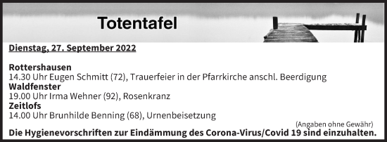 Anzeige von Totentafel vom 27.09.2022 von MGO
