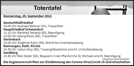 Anzeige von Totentafel vom 29.09.2022 von MGO