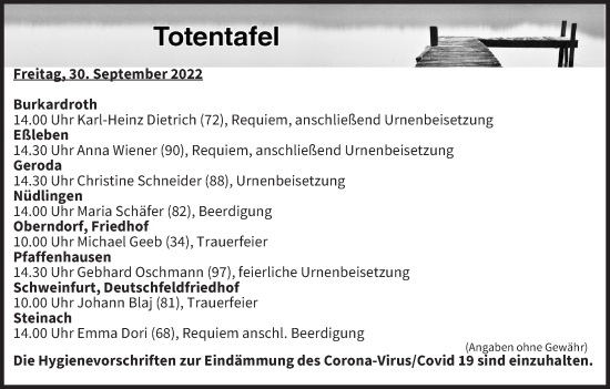 Anzeige von Totentafel vom 30.09.2022 von MGO