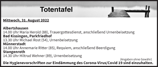 Anzeige von Totentafel vom 31.08.2022 von MGO