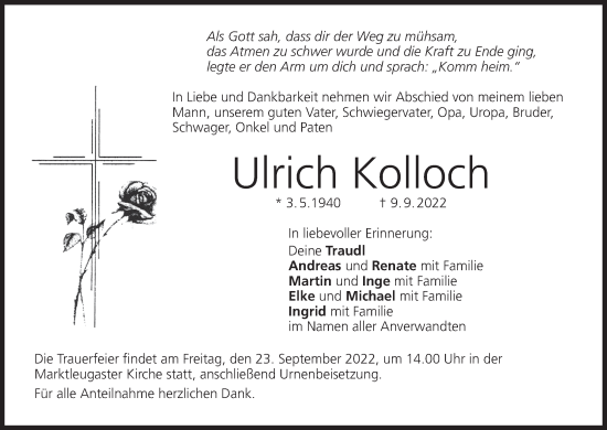 Anzeige von Ulrich Kolloch von MGO