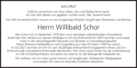 Anzeige von Willibald Schor von MGO