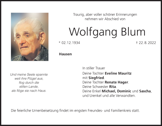 Anzeige von Wolfgang Blum von MGO
