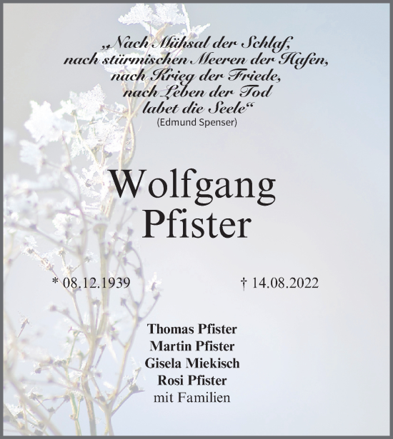 Anzeige von Wolfgang Pfister von MGO