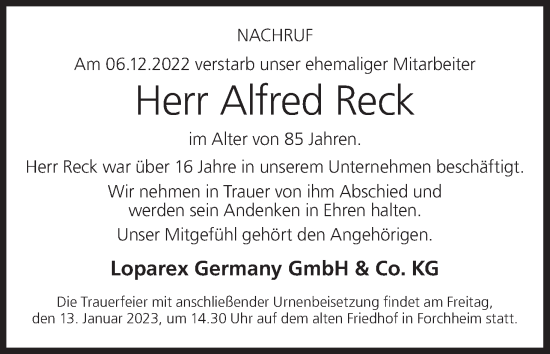 Anzeige von Alfred Reck von MGO