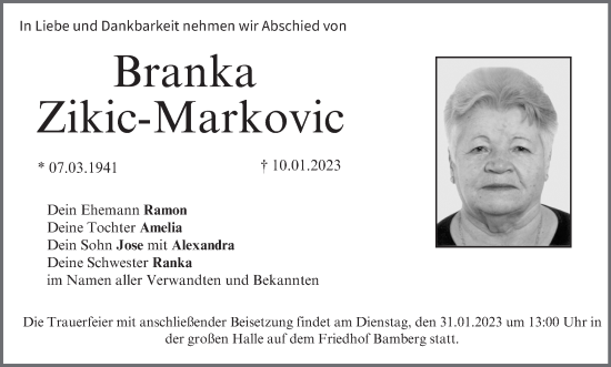 Anzeige von Branka Zikic-Markovic von MGO