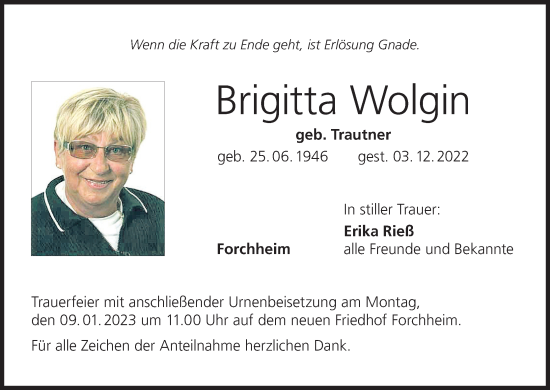 Anzeige von Brigitta Wolgin von MGO