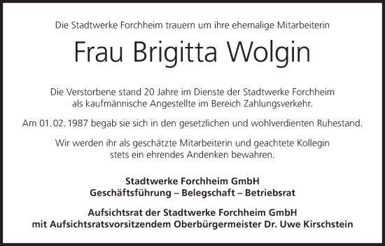 Anzeige von Brigitta Wolgin von MGO