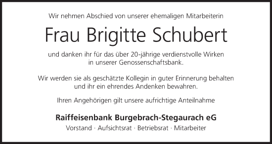 Anzeige von Brigitte Schubert von MGO