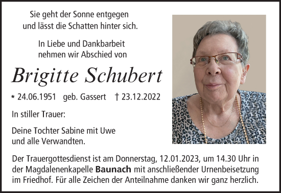 Anzeige von Brigitte Schubert von MGO
