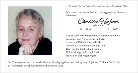 Anzeige von Christa Hüfner von MGO