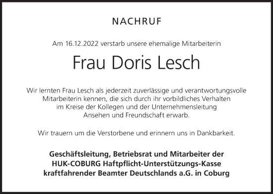 Anzeige von Doris Lesch von MGO