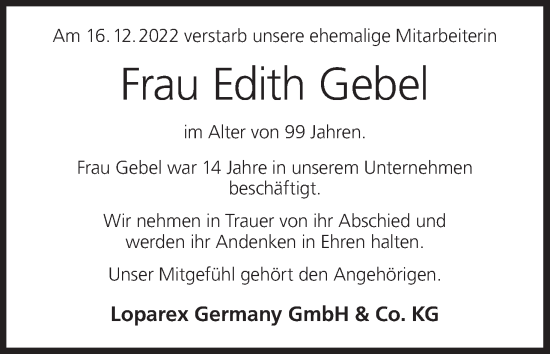 Anzeige von Edith Gebel von MGO