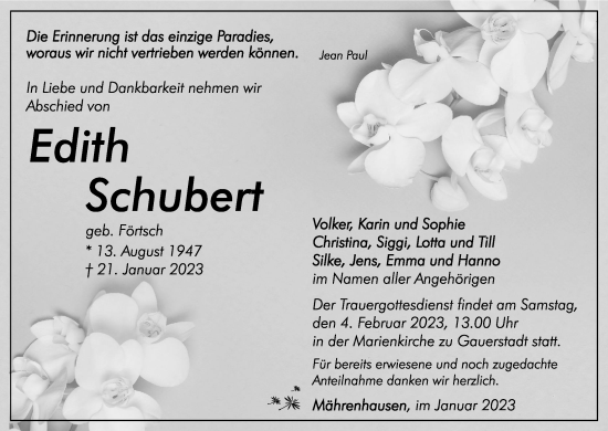 Anzeige von Edith Schubert von MGO
