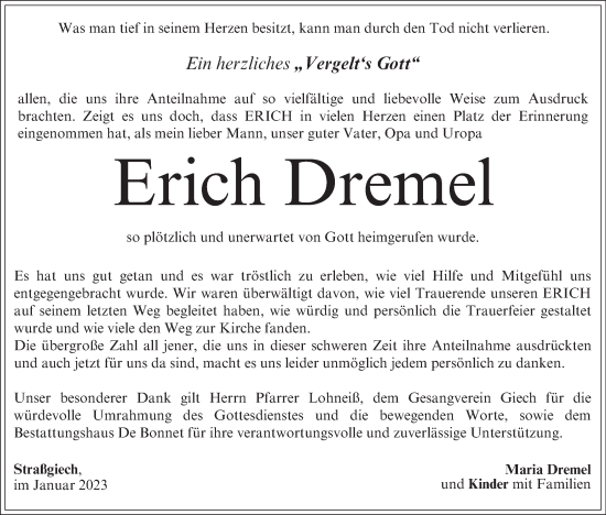 Anzeige von Erich Dremel von MGO