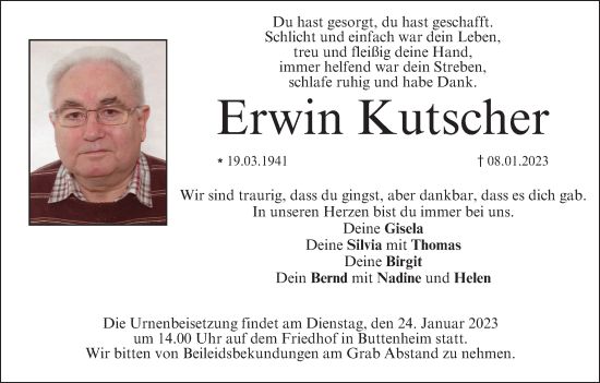 Anzeige von Erwin Kutscher von MGO