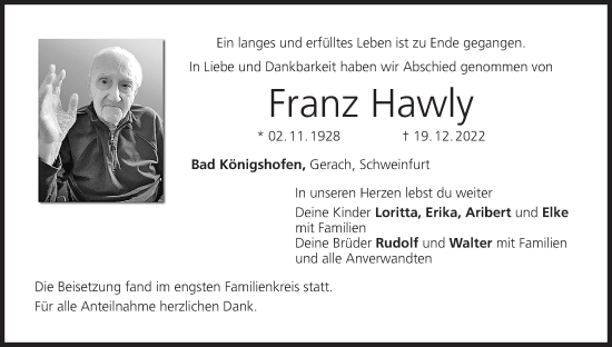 Anzeige von Franz Hawly von MGO