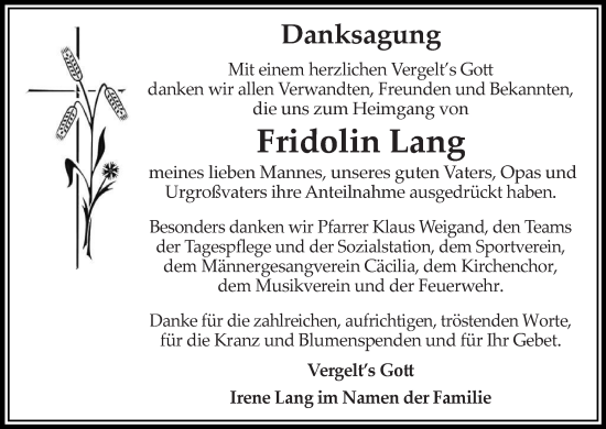 Anzeige von Fridolin Lang von MGO