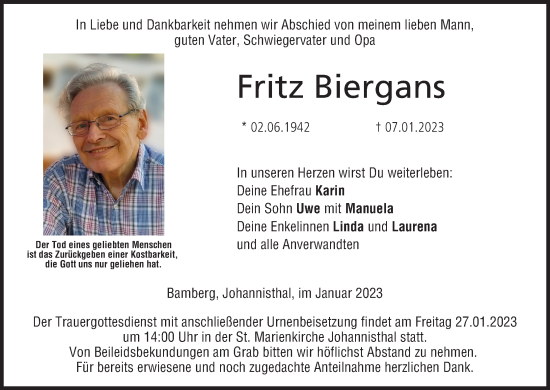 Anzeige von Fritz Biergans von MGO
