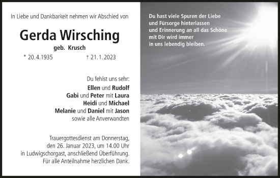 Anzeige von Gerda Wirsching von MGO