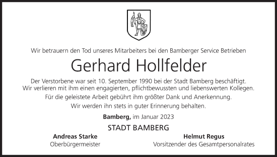 Anzeige von Gerhard Hollfelder von MGO