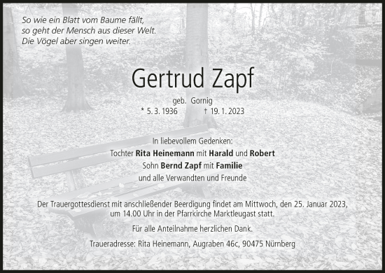 Anzeige von Gertrud Zapf von MGO